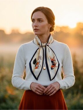 Classic Cream White Horse Print Silky Satin Scarf – Multi-Use